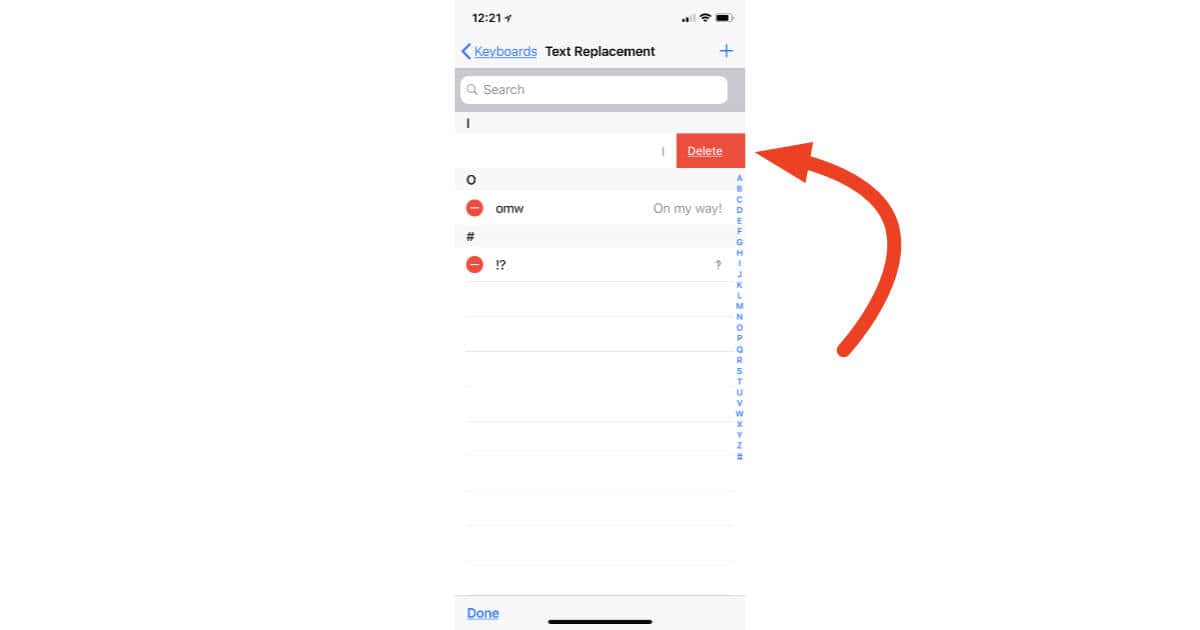 Delete button for Text Replacement entries