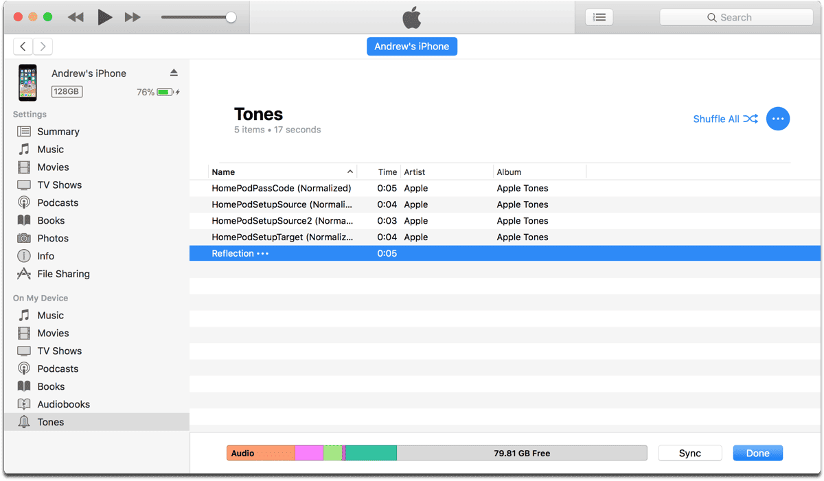 Finding the iPhone X ringtone in iTunes.