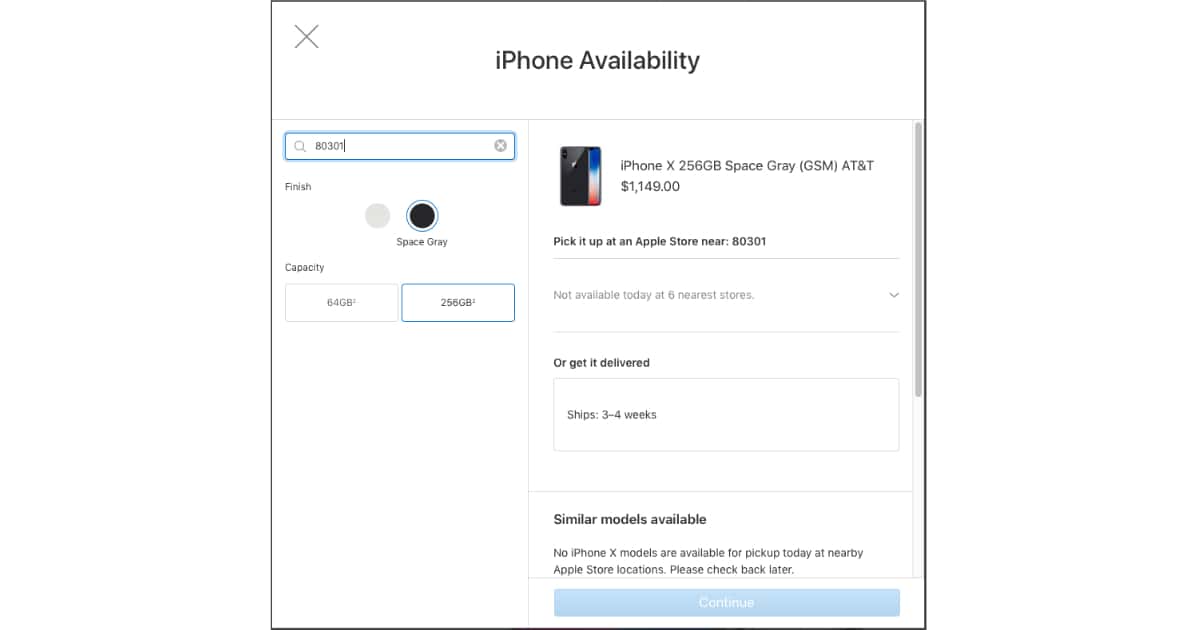 Check Apple Store iPhone X availability from the purchase web page