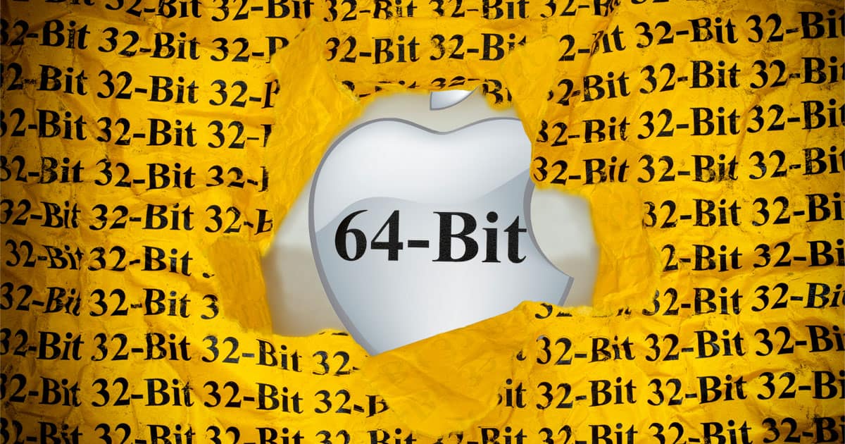 32-Bit peper ripped away to reveal 64-bit Apple logo