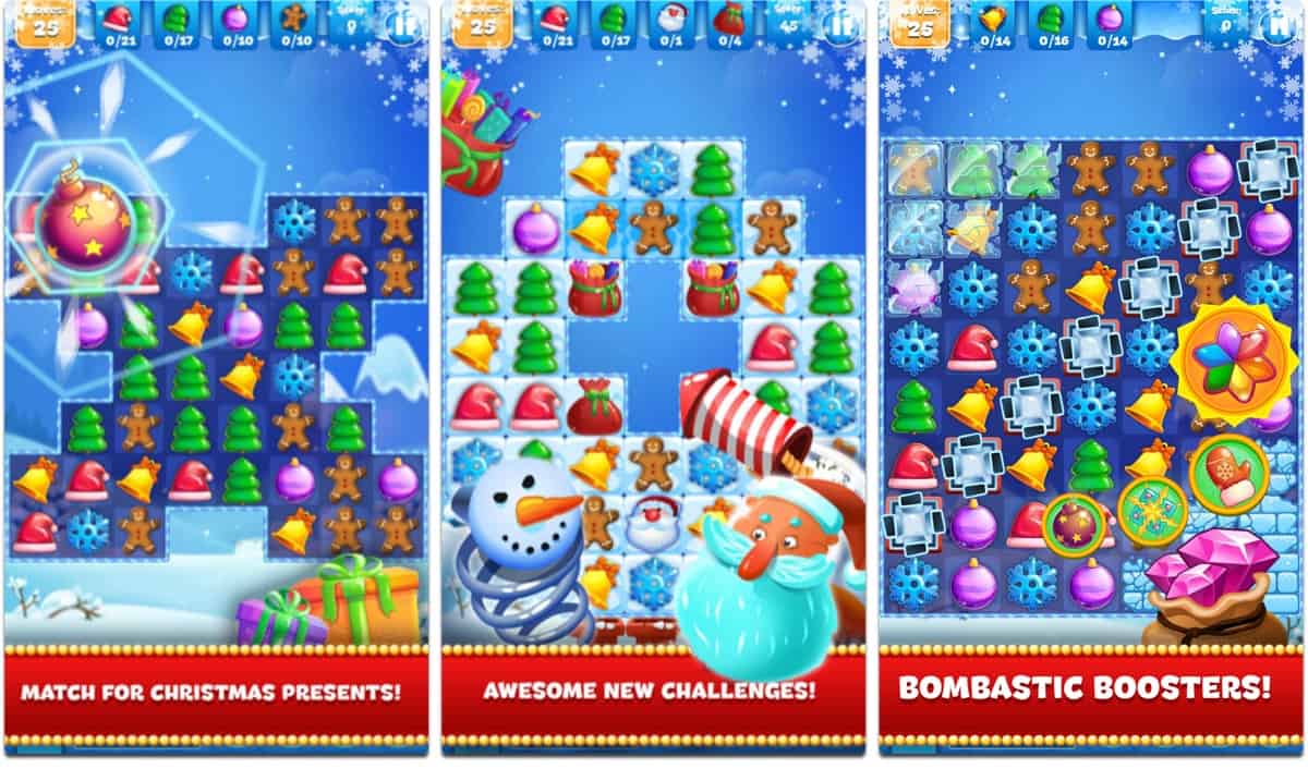 Screenshots of Christmas Sweeper 3, one of our holiday games.