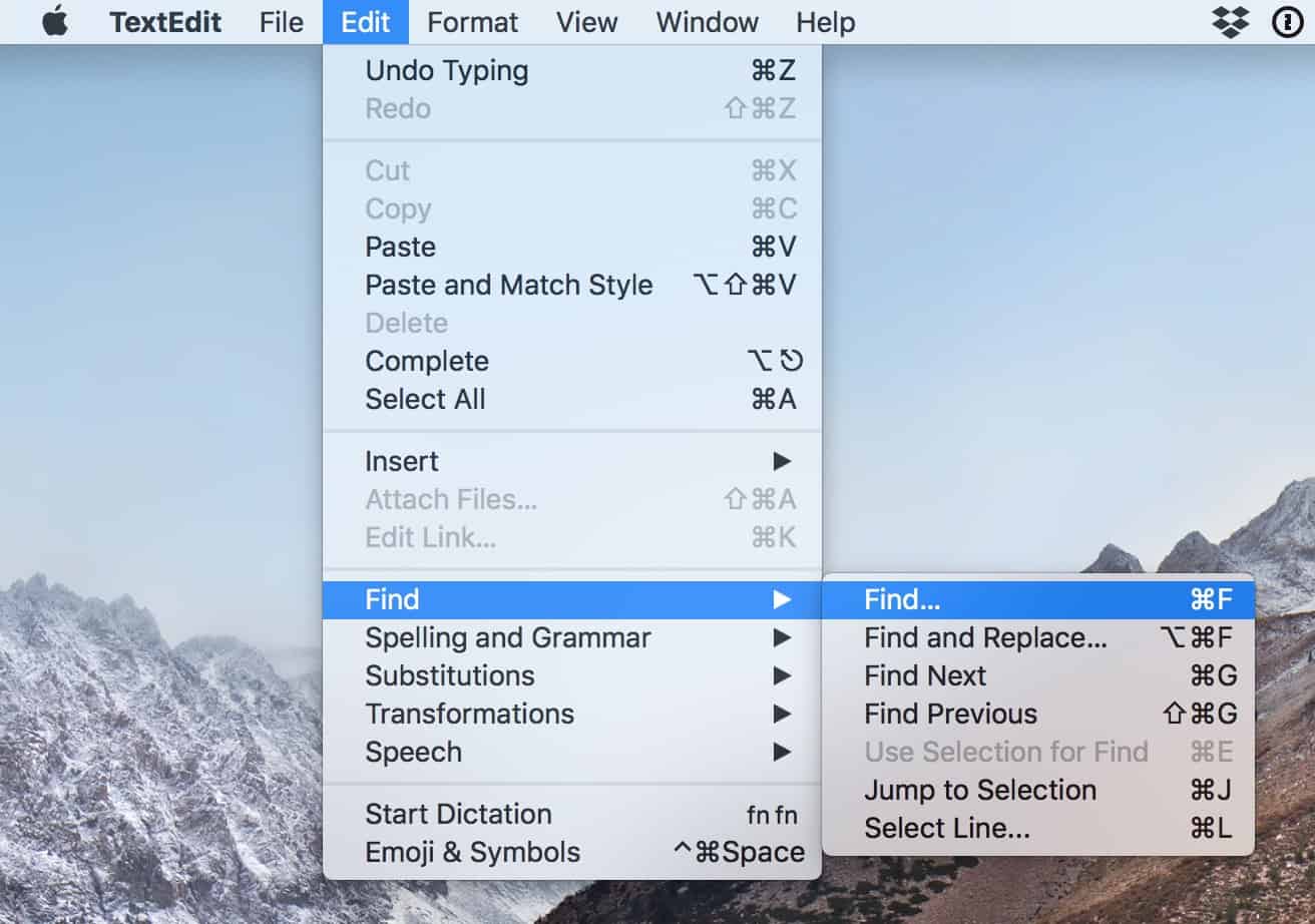 Add the Find bar to TextEdit's document window from the Edit Menu