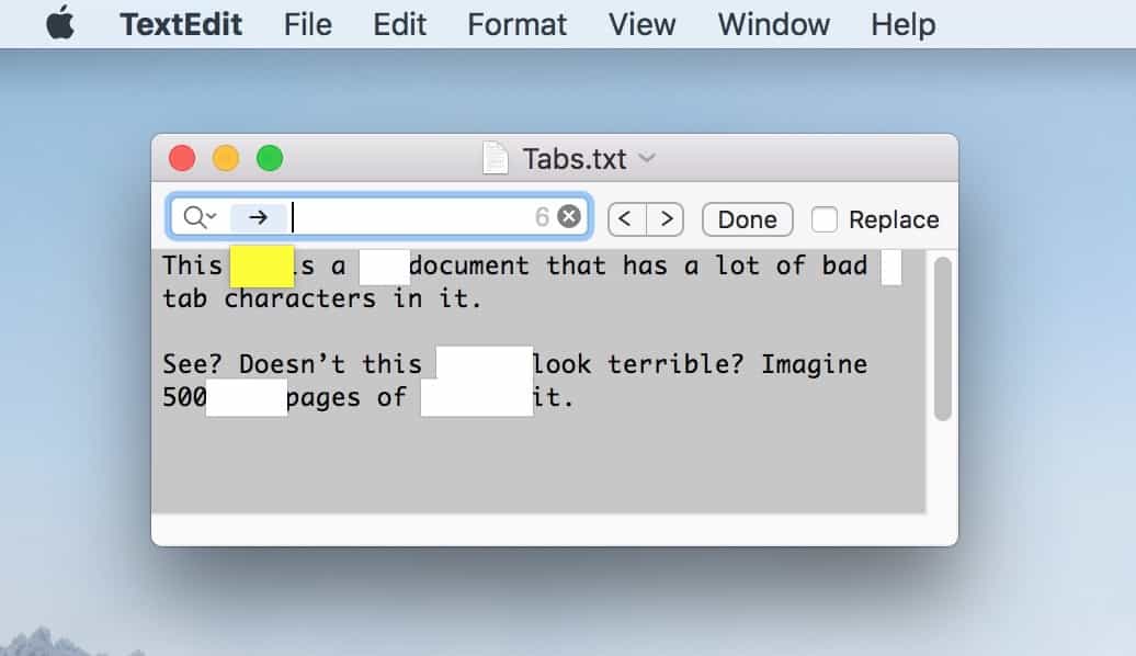TextEdit Found Tab Characters using the Insert Pattern option for a search