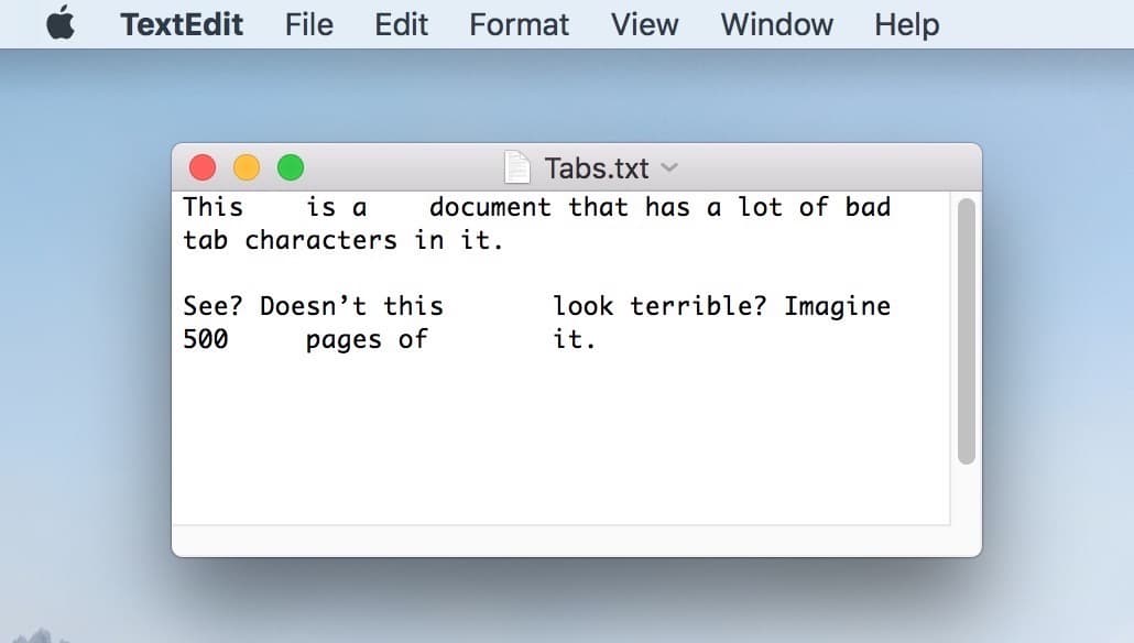 TextEdit documents with tabs that must be found and eliminated