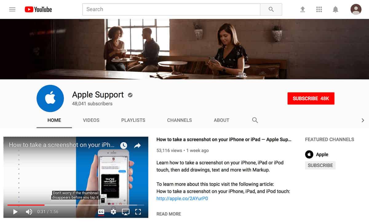 A screenshot of Apple's Support channel home page on YouTube