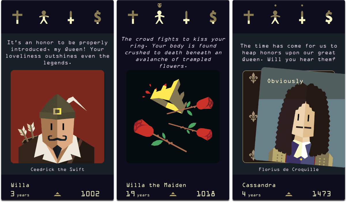 Screenshots of Reigns Her Majesty, one of the best 2017 games.