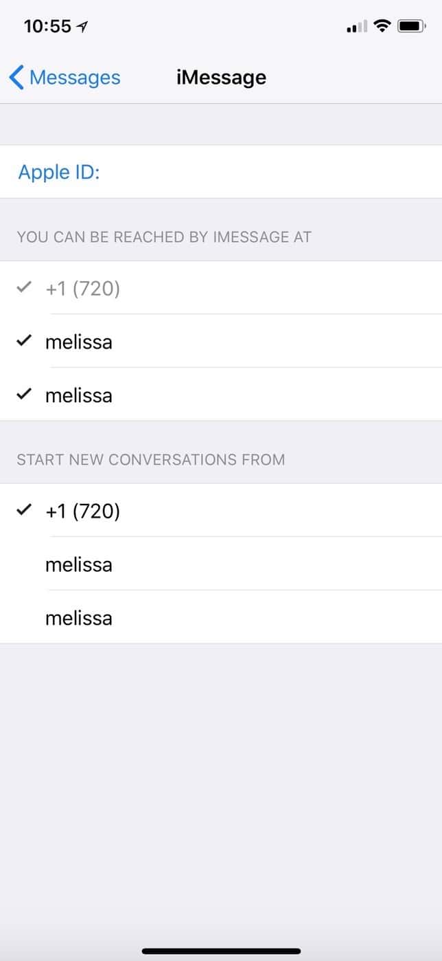 iMessage Settings on iPhone showing selected accounts