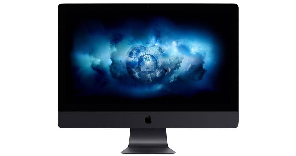 iMac Pro with an Apple logo and a lock