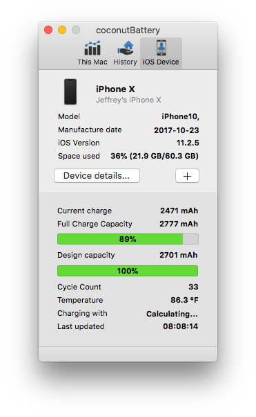 coconutBattery for the Mac monitors iPhone battery health