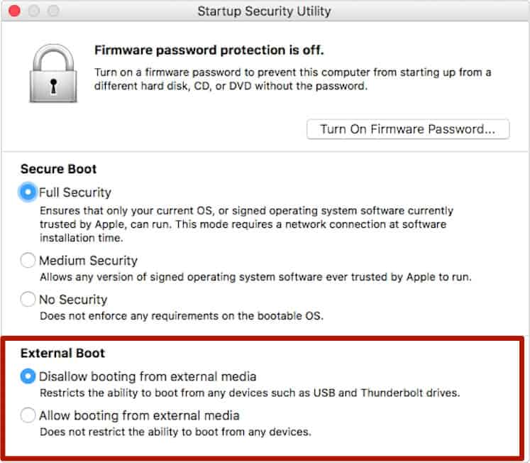 Startup Security Utility Screenshot with External Boot options highlighted