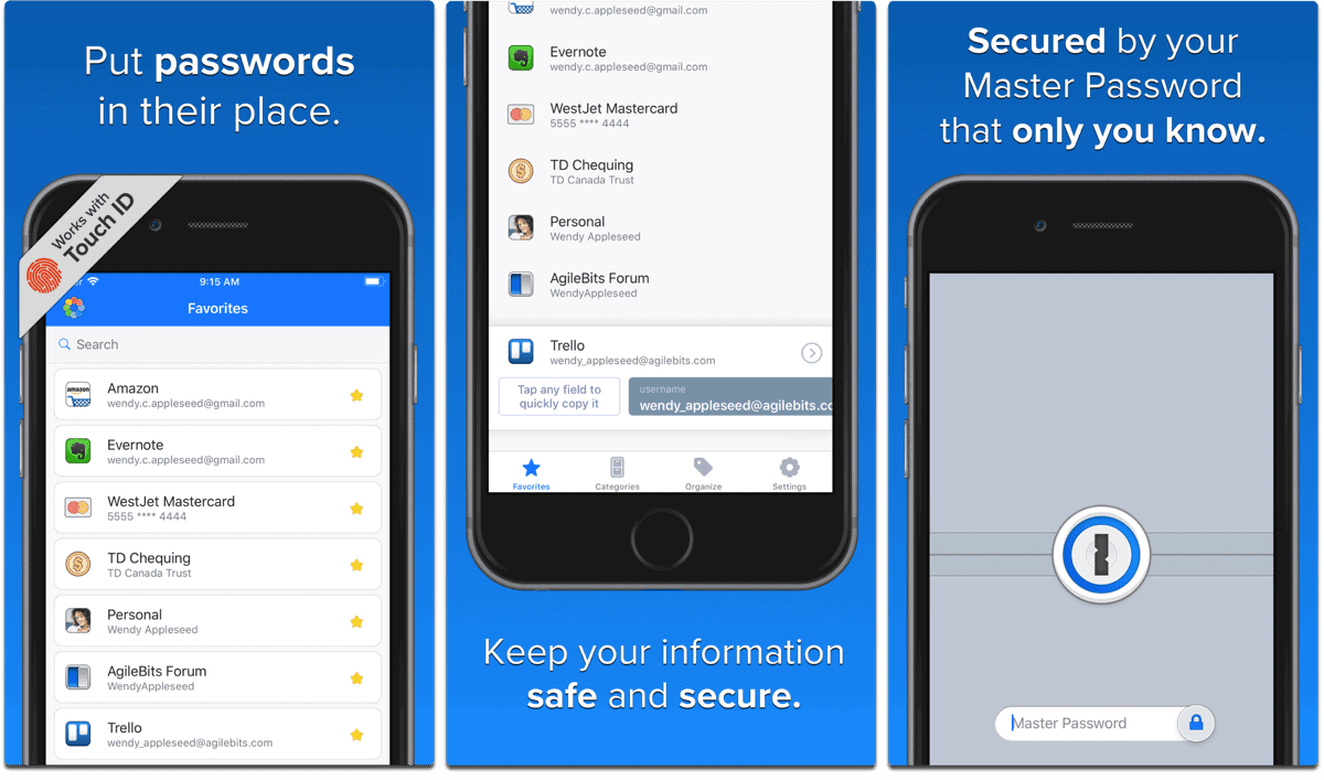 Screenshots of 1Password, one of our must have apps.