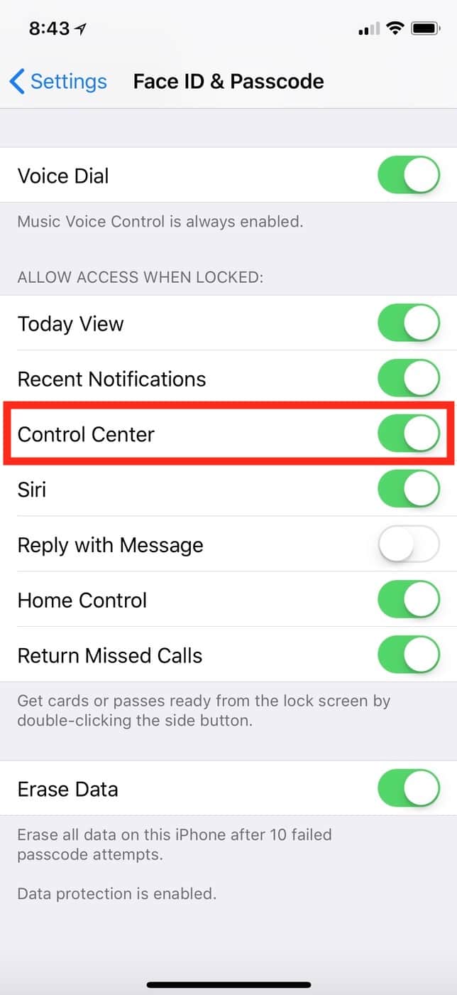 Enable iPhone Control Center in Face ID & Passcode Settings