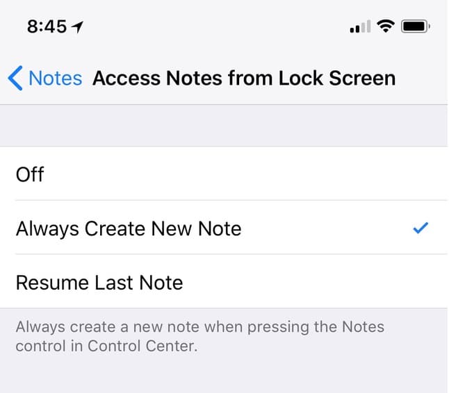 Access Notes from iPhone Lock Screen Options
