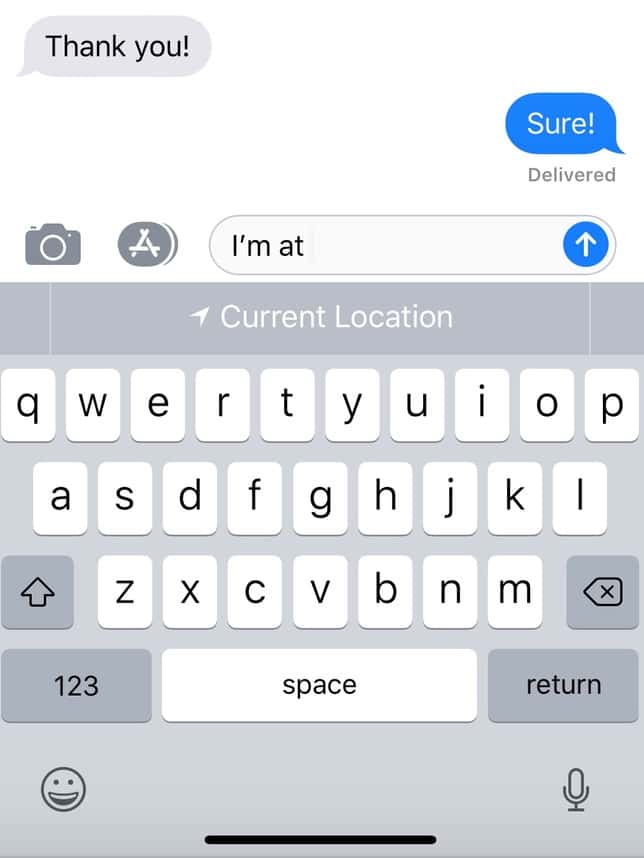 Predictive Text Suggesting Location on iPhone Messages after typing "I'm at"
