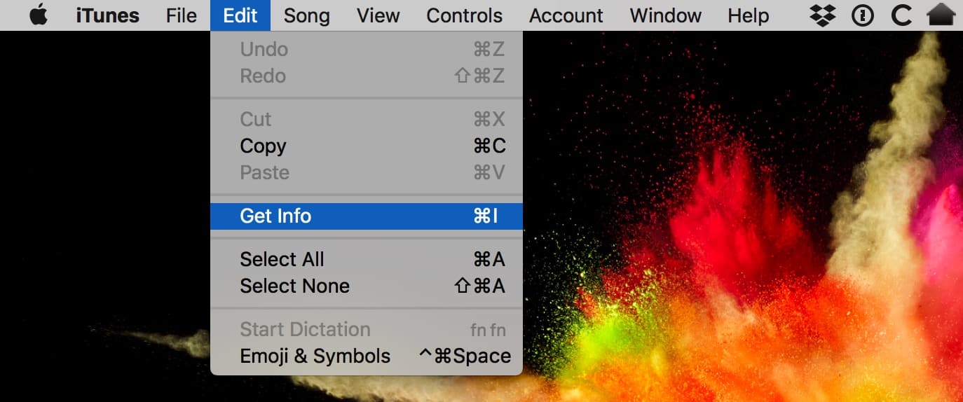 iTunes Edit Menu showing Get Info option for skipping a song in Shuffle mode