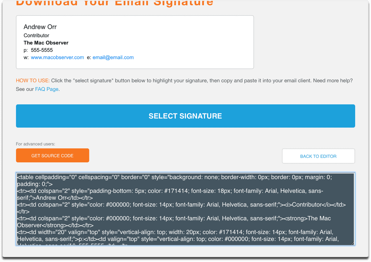 Finding and copying the source code for your HTML email signature.