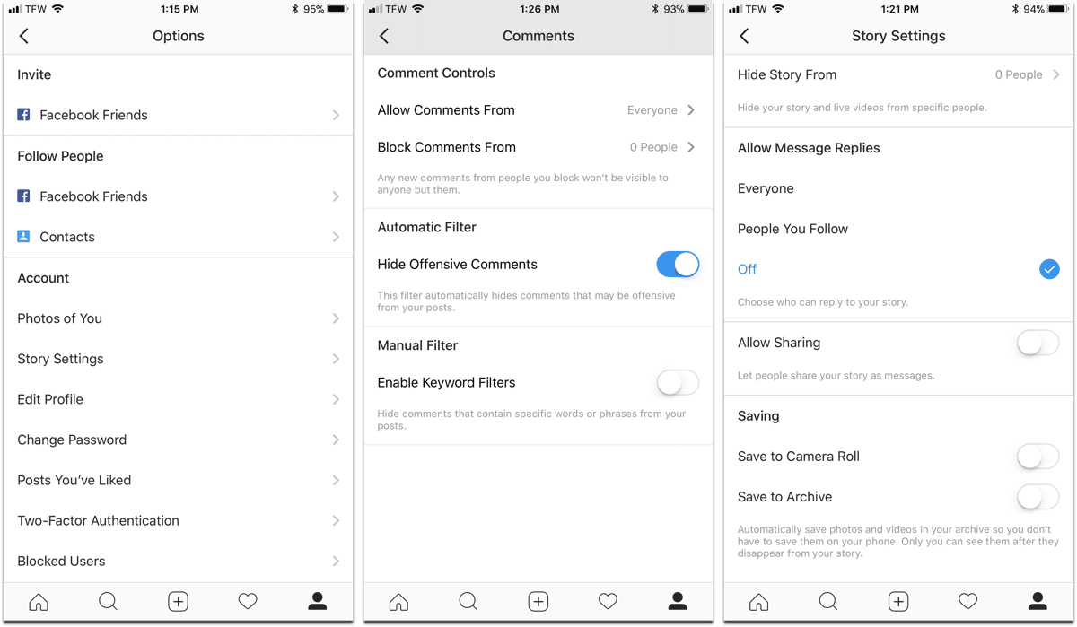 Screenshots of Instagram privacy settings.