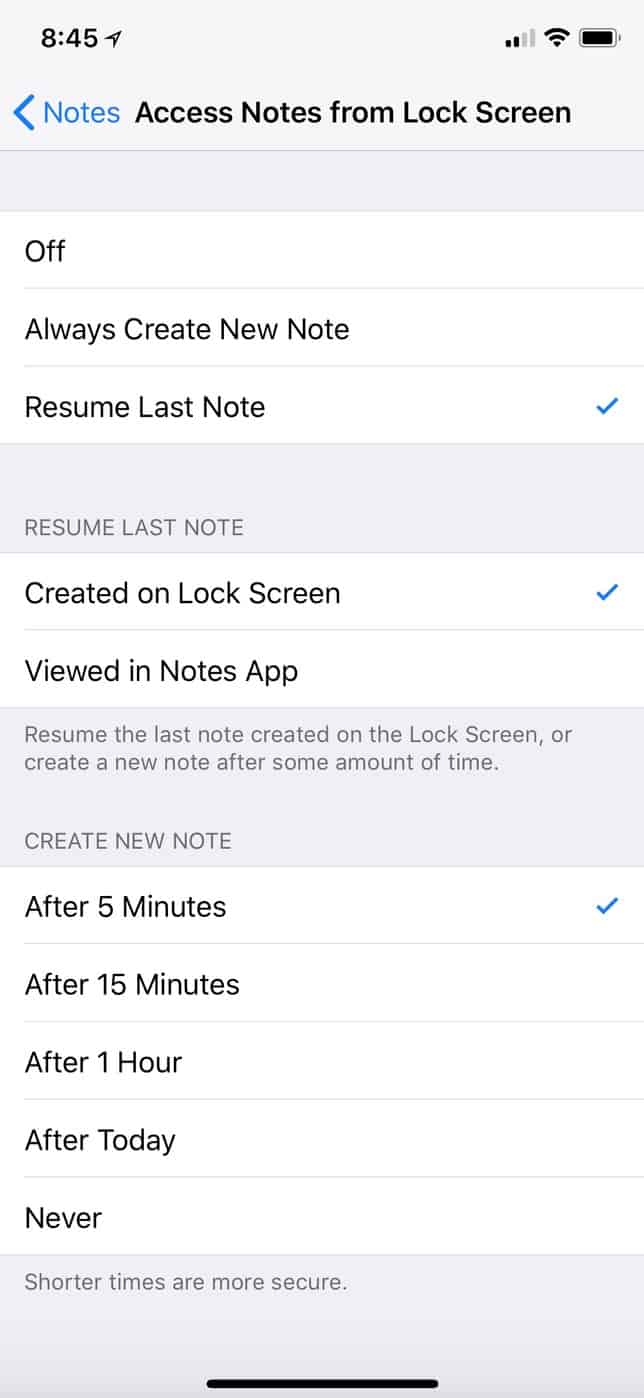 "Resume Last Note" Options for iPhone lock screen