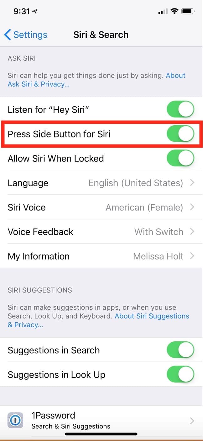 iPhone X "Press Side Button for Siri" Setting