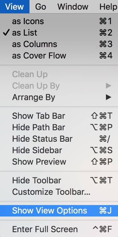 Finder View menu with Show View Options selected for changing Relative Date setting