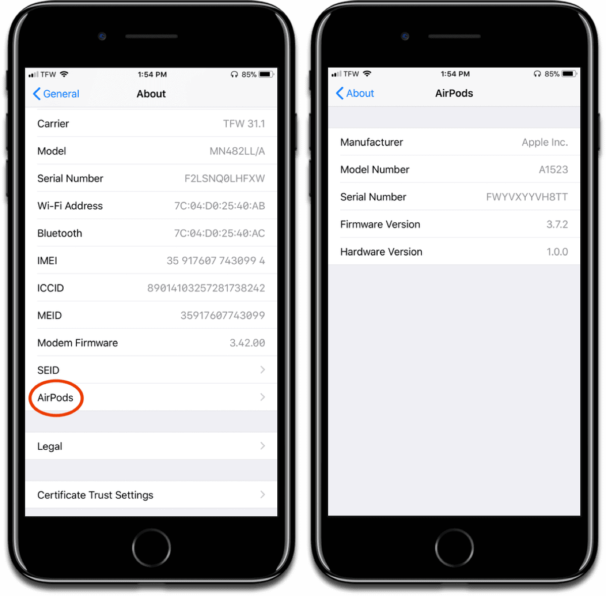 Where to go in iOS settings to check AirPods firmware.