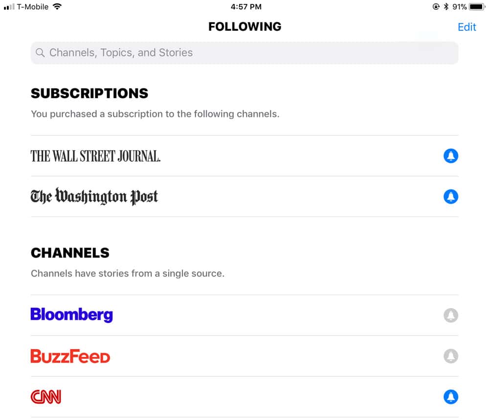 Apple News Subscriptions Screenshot