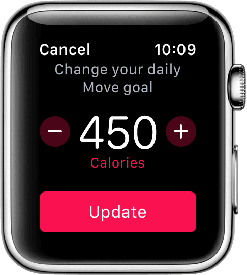 Image of the Apple Watch activity goals, and how to change it.