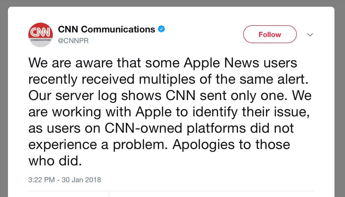 CNN Apology Tweet for Apple News Notifications