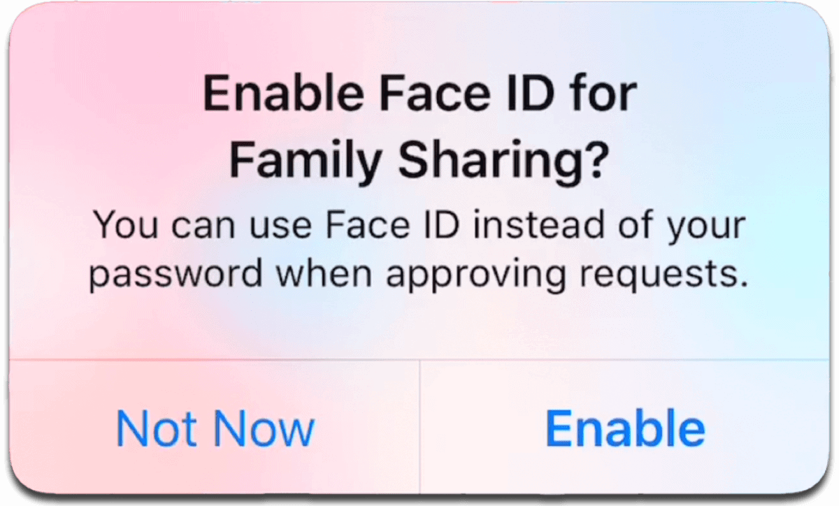 iOS 11.3 prompt to use Face ID for family sharing.