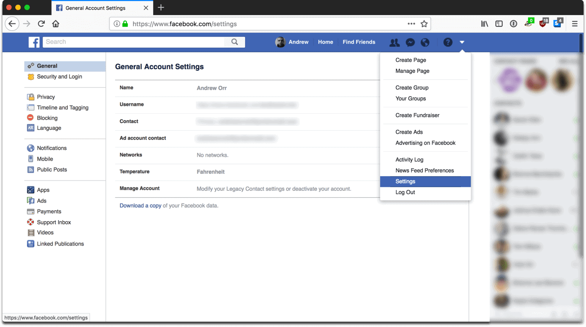 Screenshot of going into settings to control Facebook privacy settings.