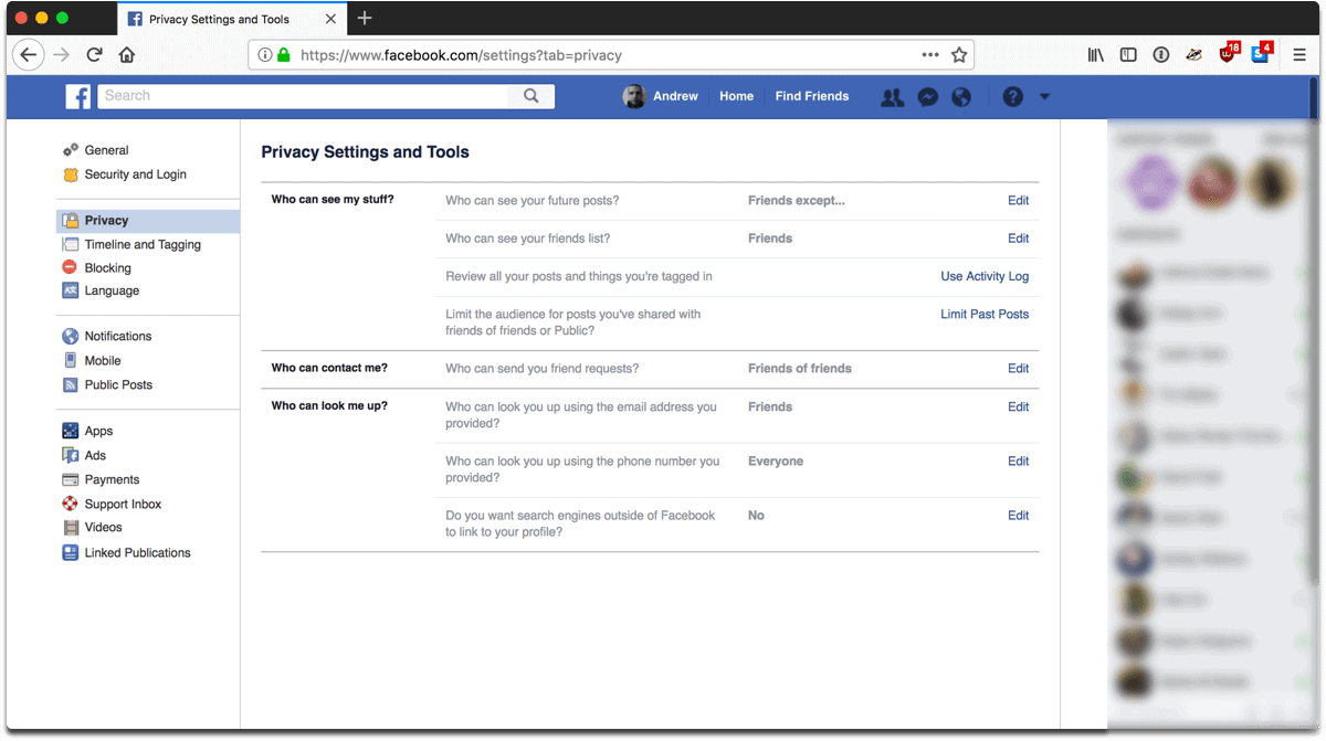 Screenshot of Facebook privacy settings and tools.