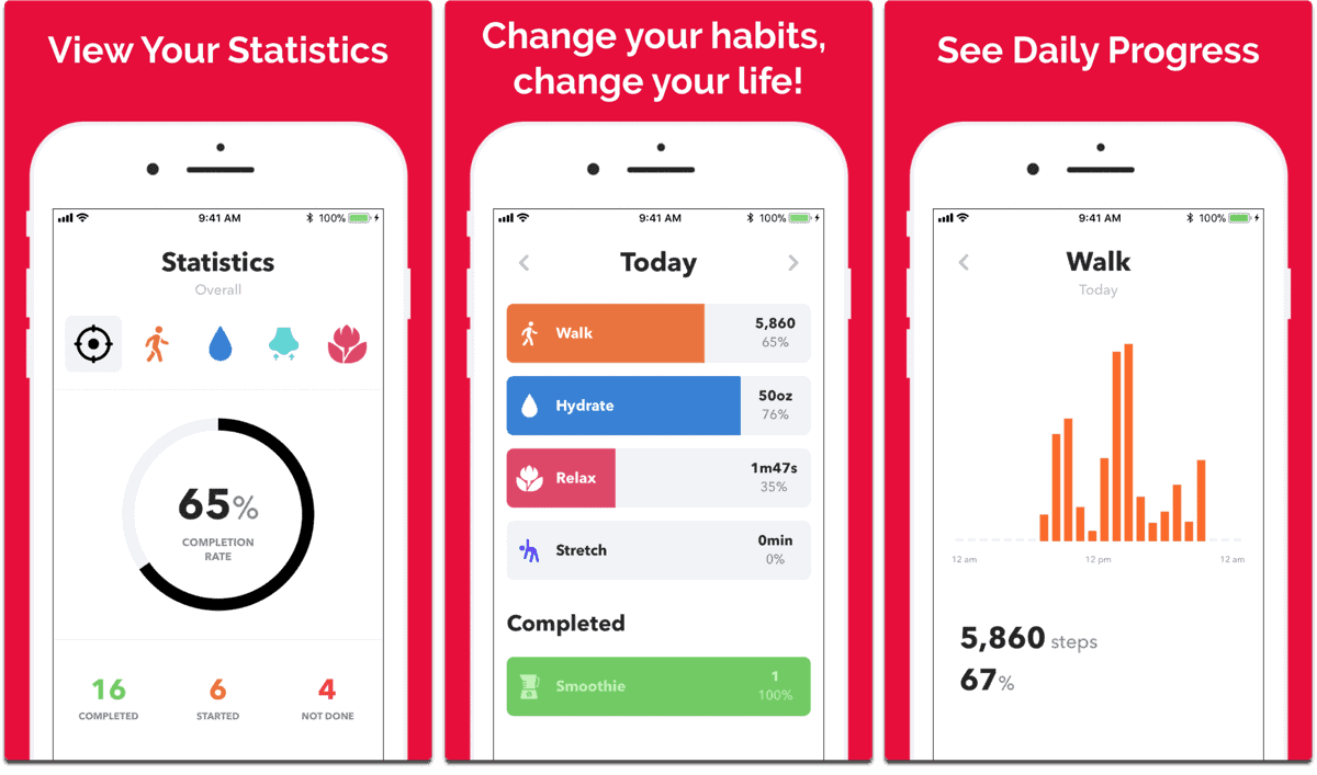 Screenshots of fitness resolution app HabitMinder.