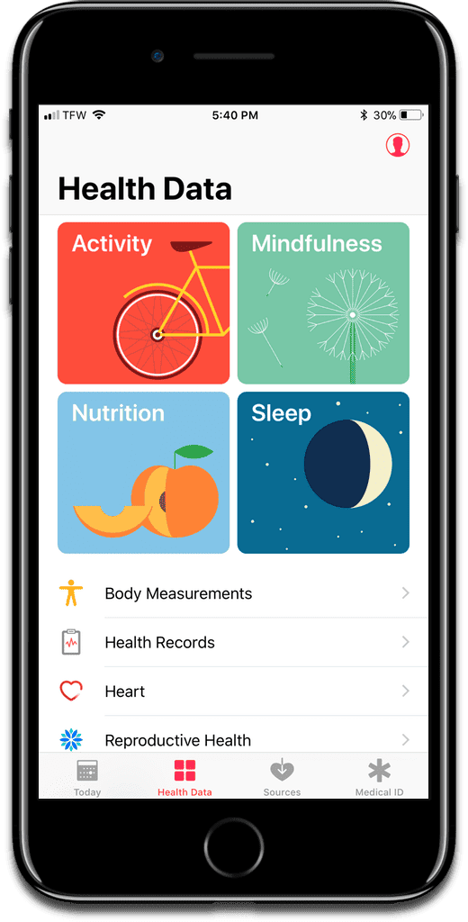 Image of Apple's Health app, which contains a person's health data.