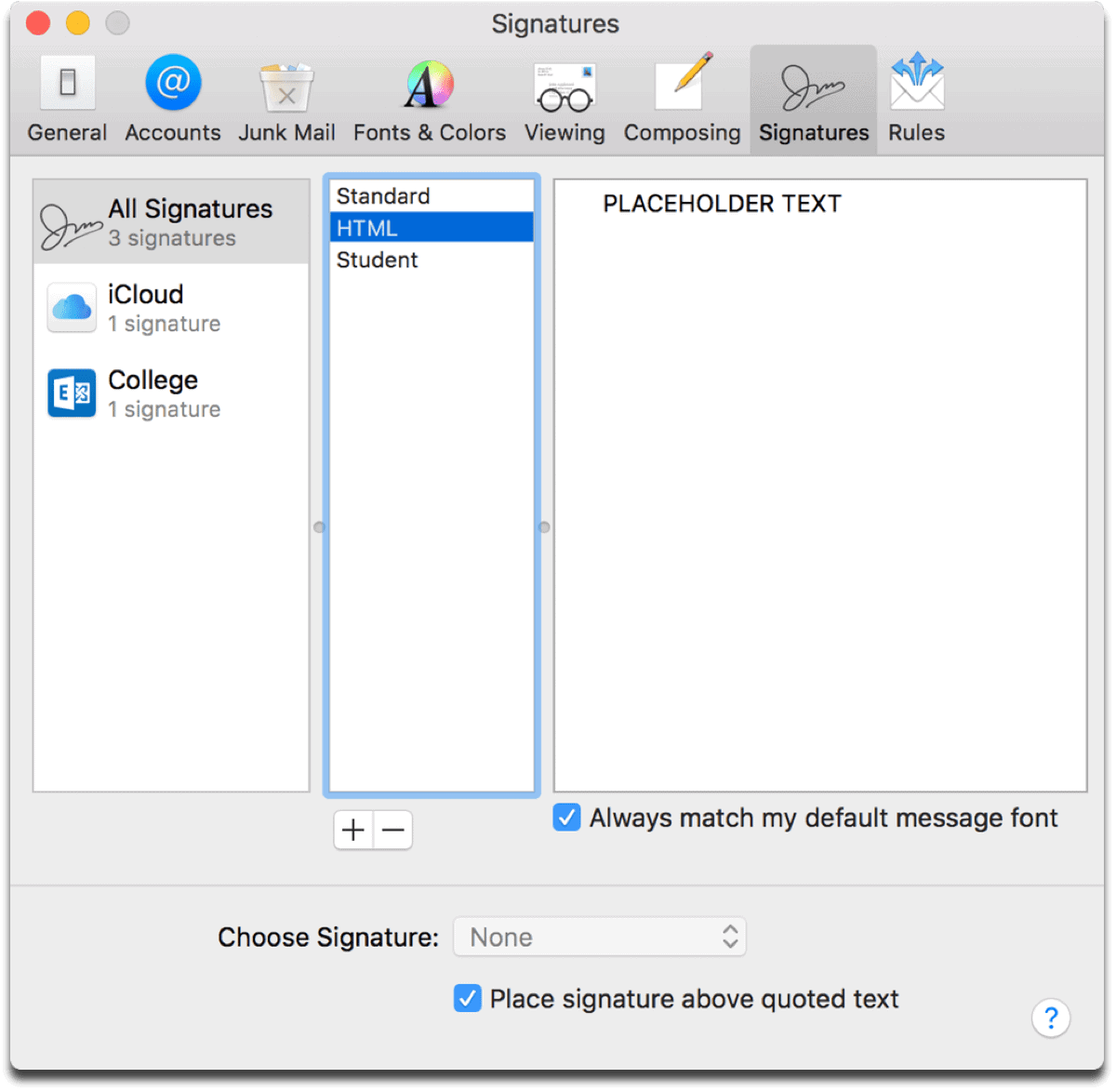Screenshot of Apple Mail Preferences to create an HTML signature.
