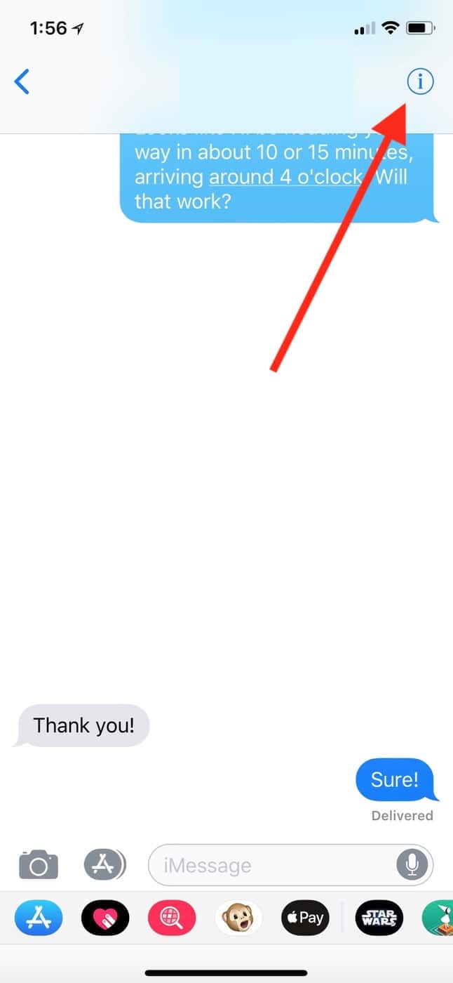 "i" Button in Messages Conversation to share location from iPhone
