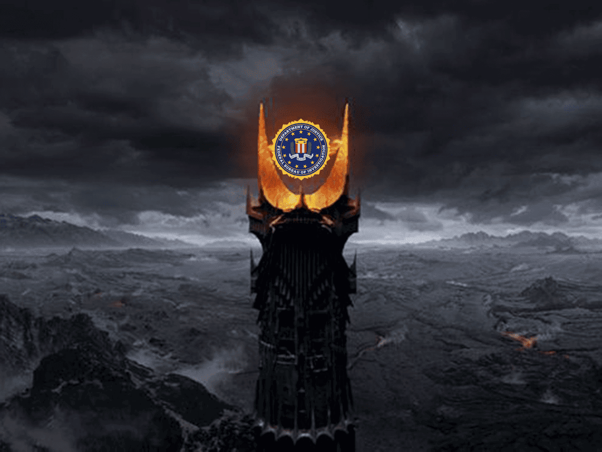 Image of eye of sauron with FBI logo. The FBI says that iOS encryption makes it difficult for the agency to do its job.