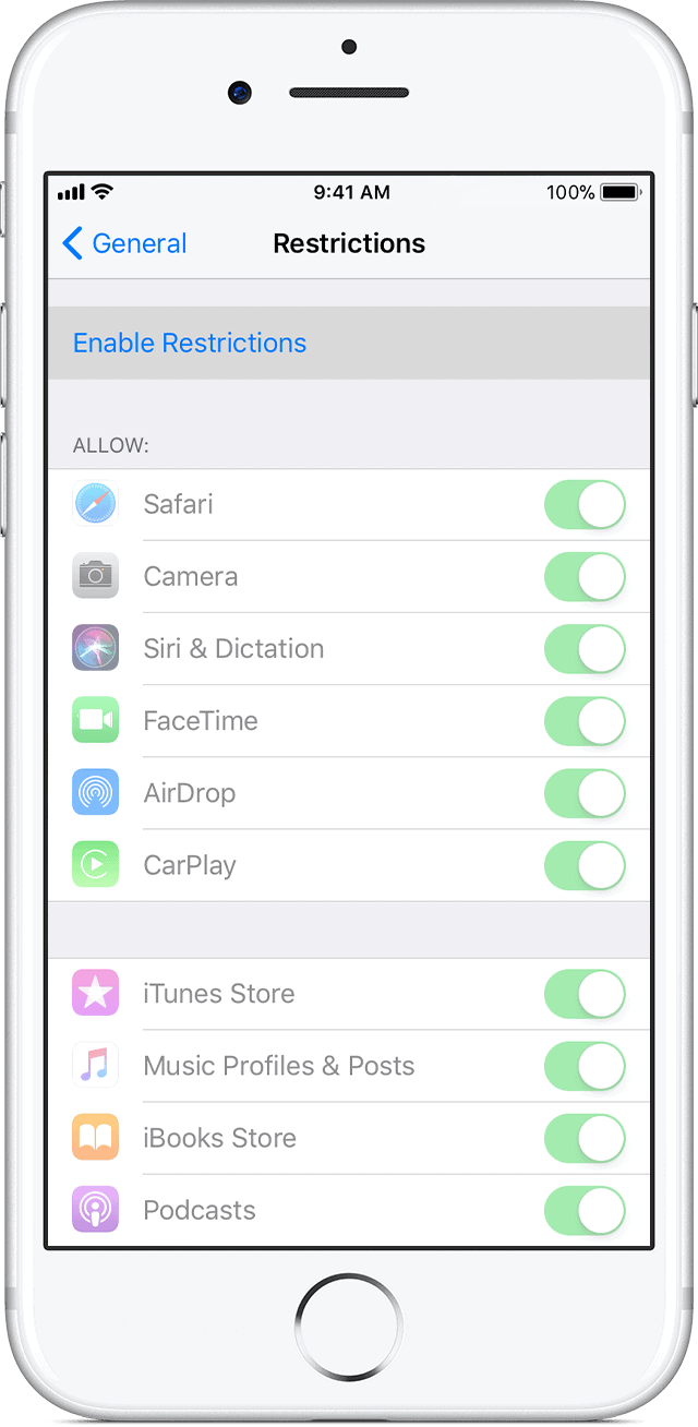 Enabling iOS parental controls in iPhone settings.