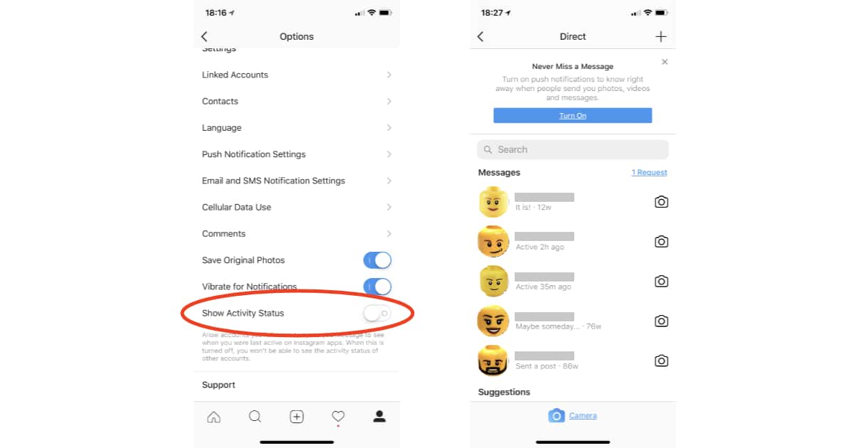 Disable settings for Instagram Show Activity Status feature