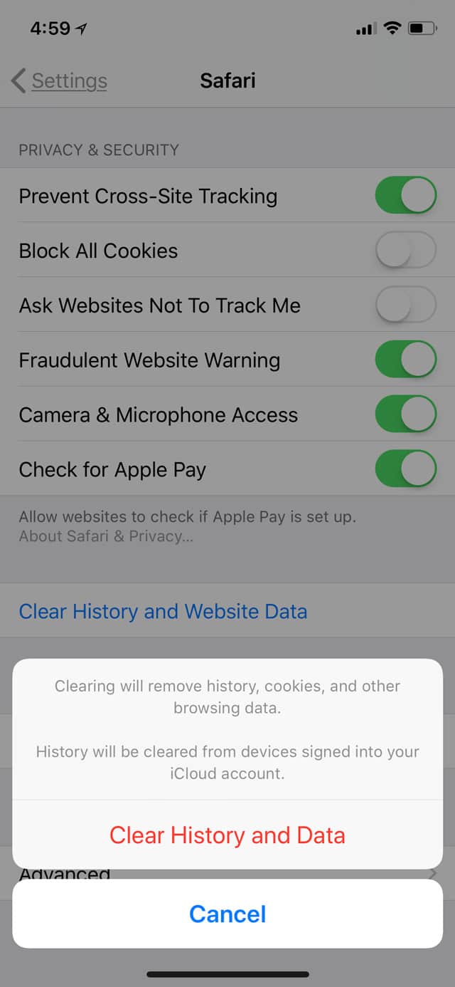 Clear History and Data in iOS 11