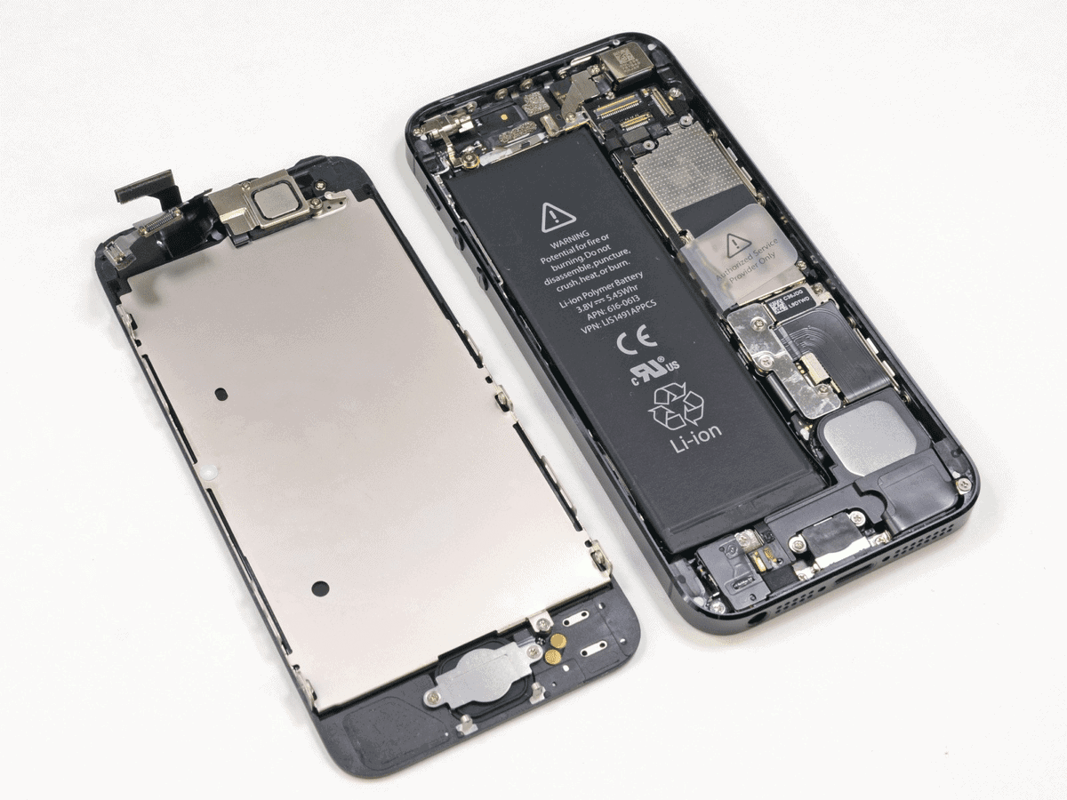 Image of an iPhone taken apart to show the battery. iPhone batteries are at the heart of a new issue.