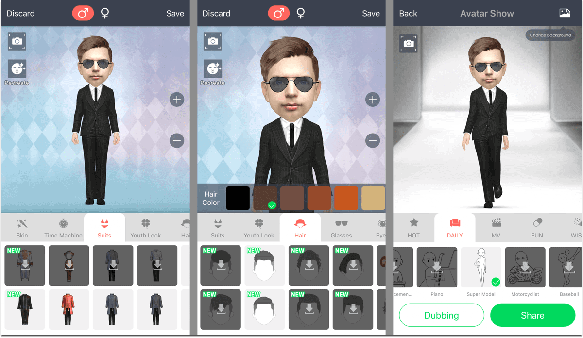 Screenshots of MyIdol, 3D avatar creator. 