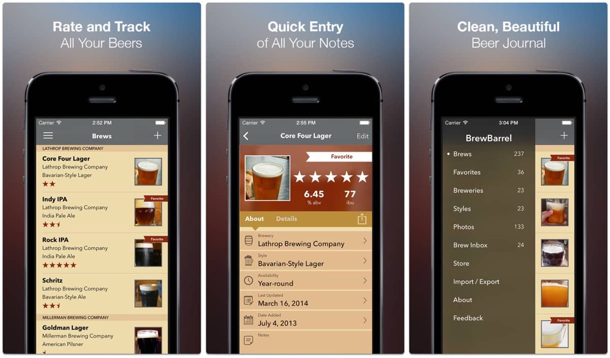 Screenshots of Brew Barrel, one of the beer tracking apps. 