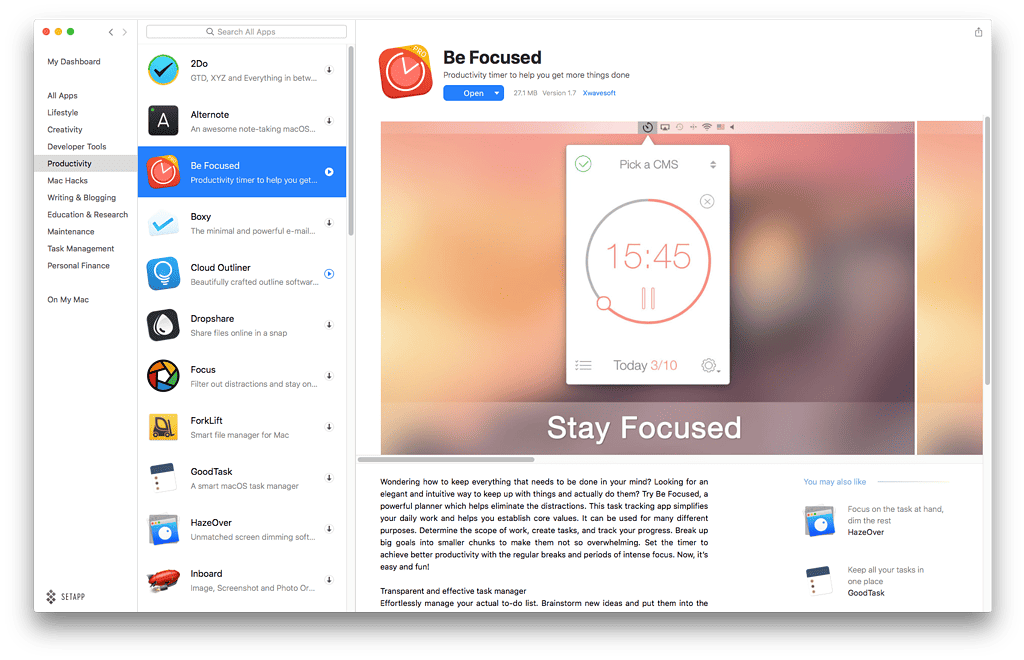 BeFocused is a nice little Pomodoro timer that lives in your menubar.