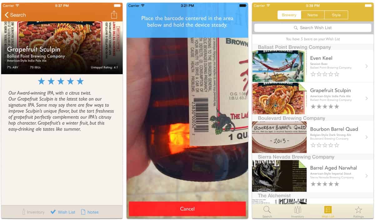 Screenshots of Beer Brains, one of the beer tracking apps. 