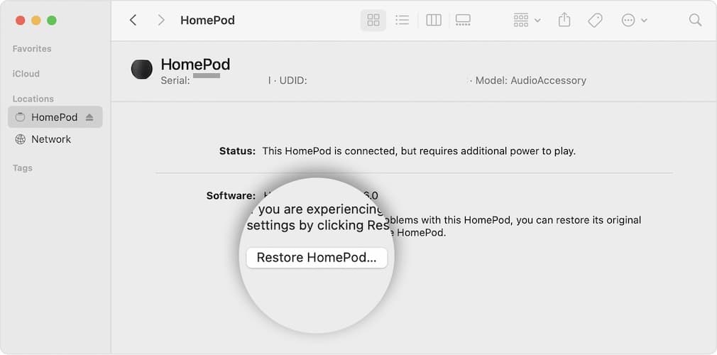 Click Restore HomePod Mac Restore Without iPhone