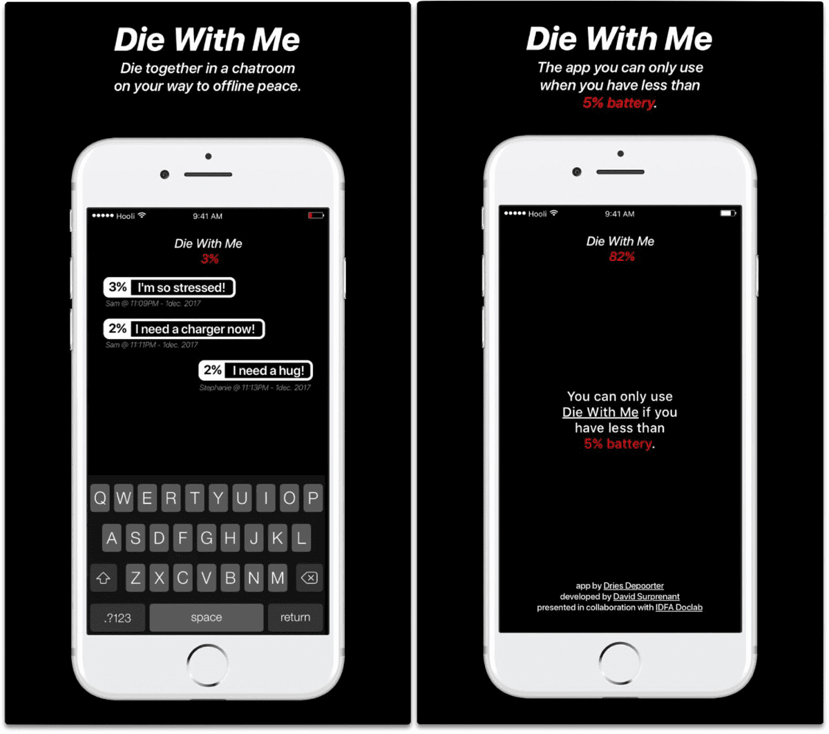 Screenshots of Die With Me low battery chat app. 