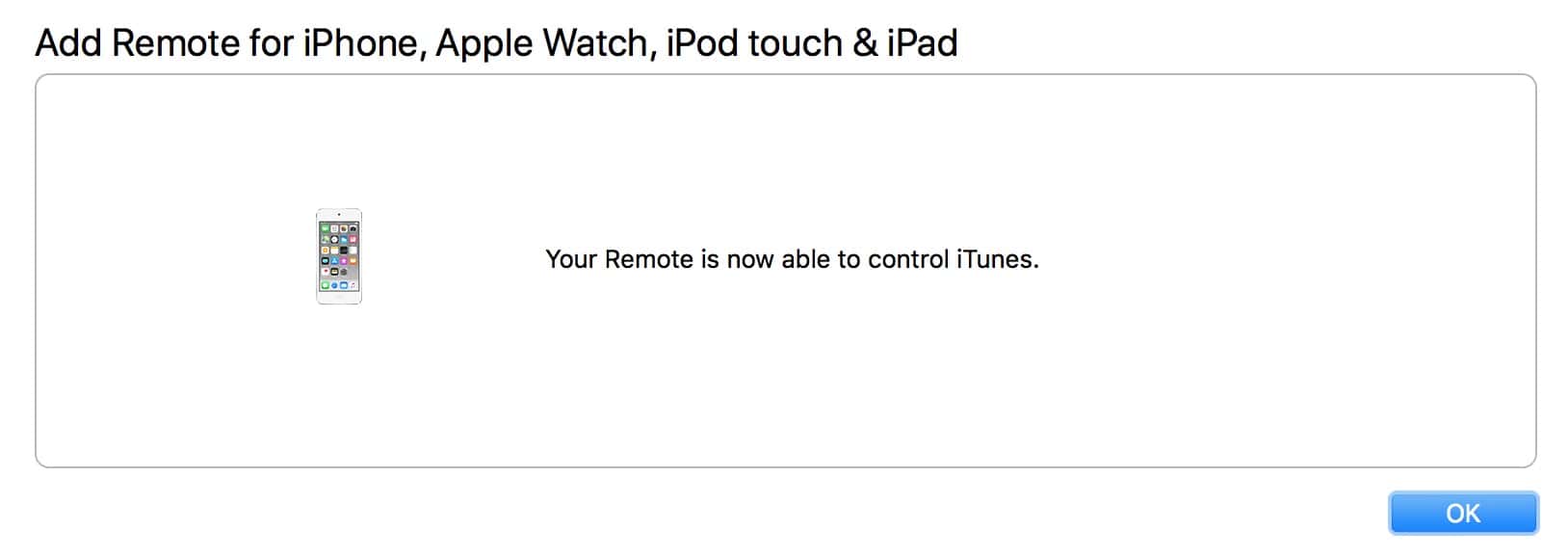 Remote Setup Finished with iTunes on the Mac showing a Success dialog