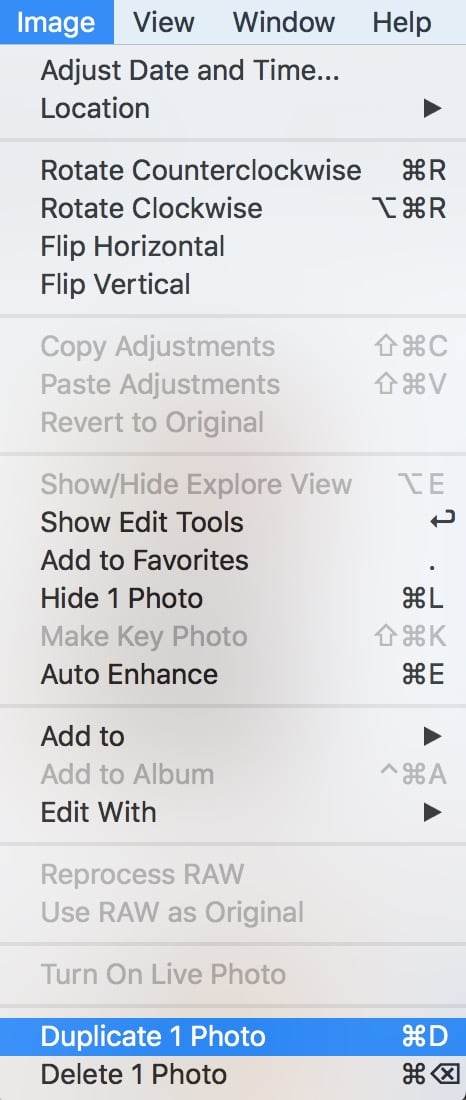 Photos Duplicate Option under the Image menu