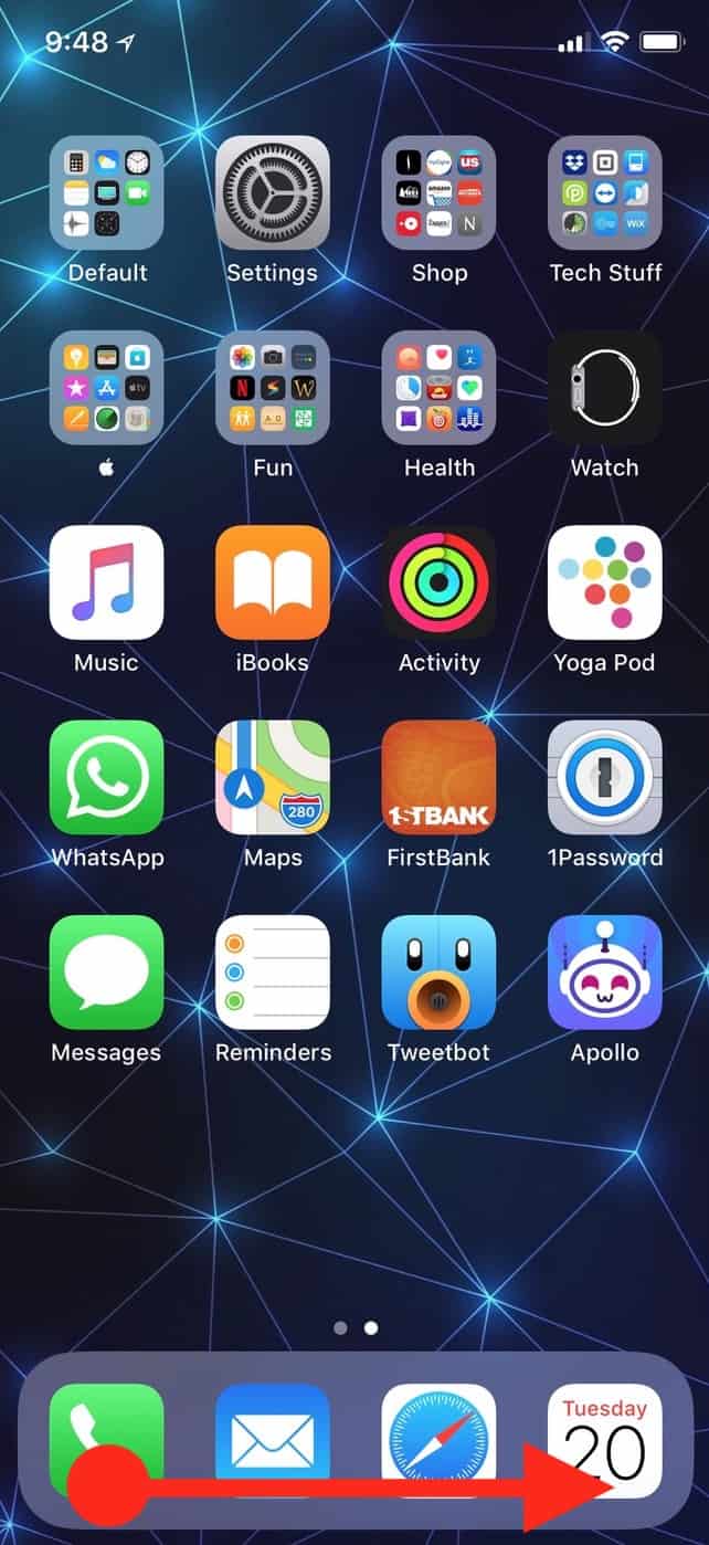 Swipe left to right on the iPhone X home screen app bar to return to the last used app