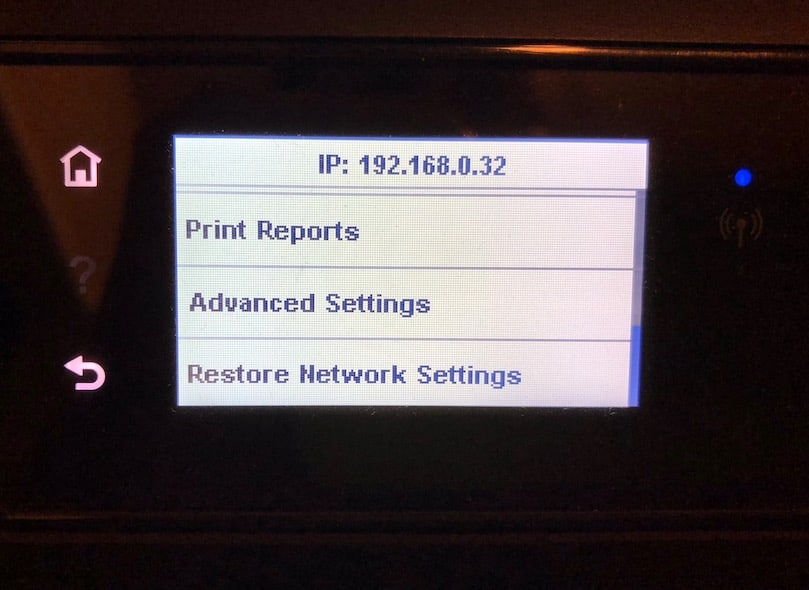 Restore Network Settings option on Printer